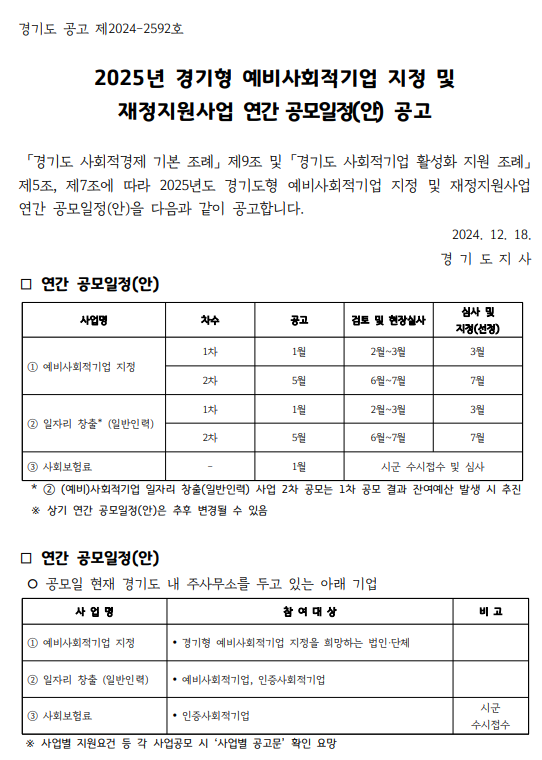 2025년도 경기형 예비사회적기업 지정 및 재정지원사업 연간 공모 일정 공고 이미지 1